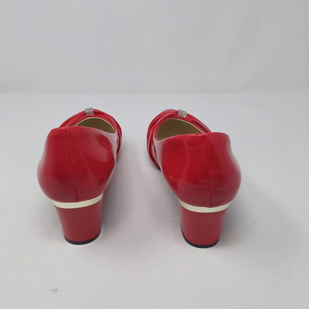 Women’s Red Patent Leather Low Heel Pumps Size 39 Rhinestone Accent - Picture 4 of 15